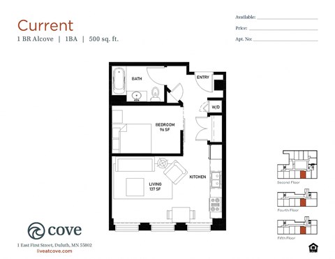 Floor plan for 1 bed, 1 bath, 500 sqft